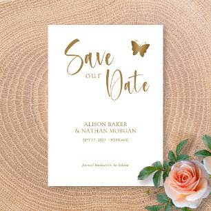 Save The Date Écriture dorée élégante avec papillon pailleté pou
