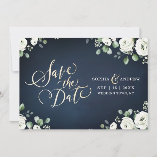 Save The Date Écriture dorée, fleurs blanches sur fond bleu mari (Devant)