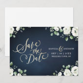 Save The Date Écriture dorée, fleurs blanches sur fond bleu mari (Devant / Derrière)