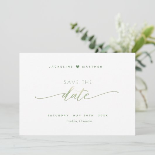Save The Date Écriture Élégante, Vert, Mariage Simple (Debout devant)
