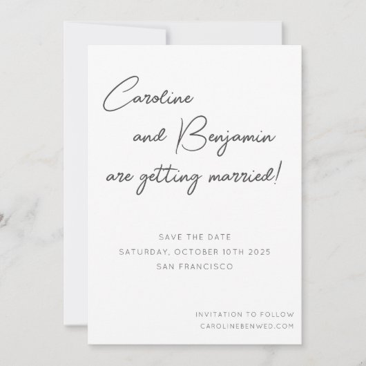 Save The Date Écriture manuscrite moderne Mariage blanc noir (Devant)