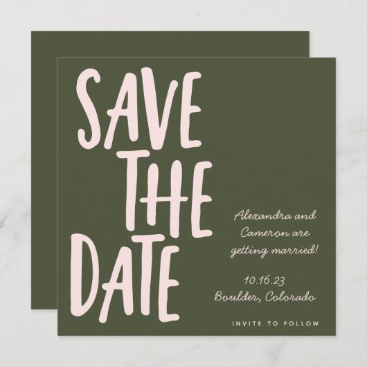Save The Date Écriture manuscrite moderne rose olive vert Mariag (Devant / Derrière)