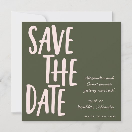 Save The Date Écriture manuscrite moderne rose olive vert Mariag (Devant)