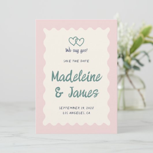 Save The Date Écriture manuscrite Pastel Pink Green Retro Mariag (Debout devant)