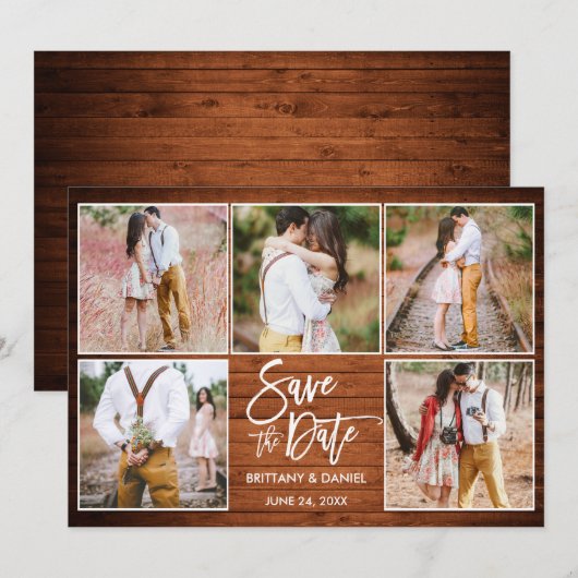 Save The Date Écriture Moderne au Pinceau 5 Photo Bois Rustique (Devant / Derrière)