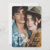 Save The Date Écriture Moderne au Pinceau Photo Mariage  (Devant)