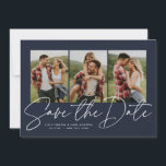 Save The Date Écriture moderne design trois photo bleu marine<br><div class="desc">Avec trois photos verticales et un script moderne écrit "enregistrer la date", cette carte est le moyen idéal pour annoncer votre fiançailles et le prochain mariage à vos amis et votre famille. Le texte blanc chic est audacieux et moderne mais toujours sophistiqué. Le texte personnalisable sur le devant a de...</div>