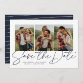Save The Date Écriture moderne design trois photo bleu marine (Devant / Derrière)