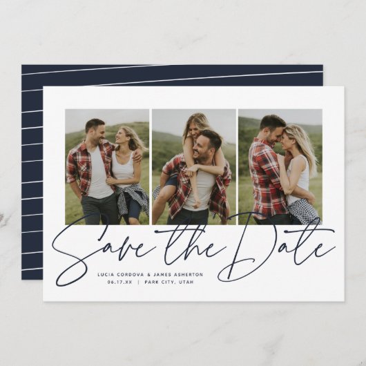 Save The Date Écriture moderne design trois photo bleu marine (Devant / Derrière)