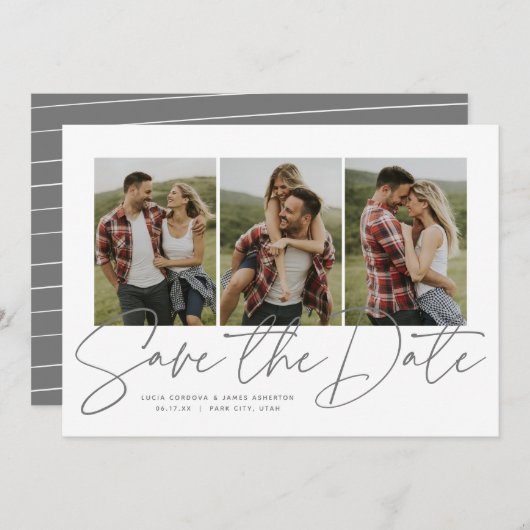 Save The Date Écriture moderne design trois photo enregistrer la (Devant / Derrière)