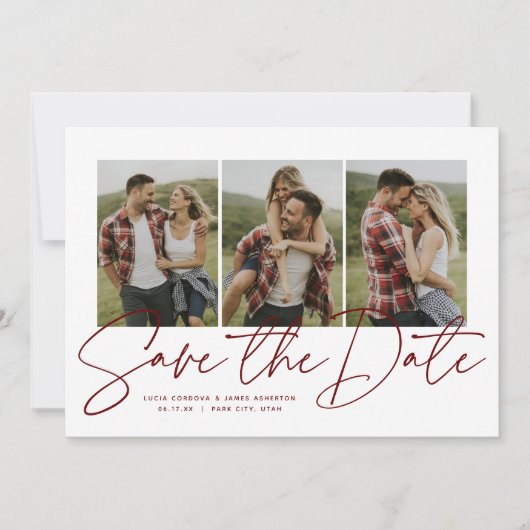 Save The Date Écriture moderne design trois photo maroon (Devant)