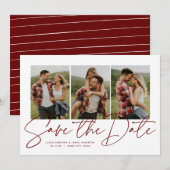Save The Date Écriture moderne design trois photo maroon (Devant / Derrière)