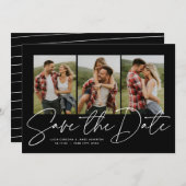 Save The Date Écriture moderne design trois photo noir et blanc (Devant / Derrière)