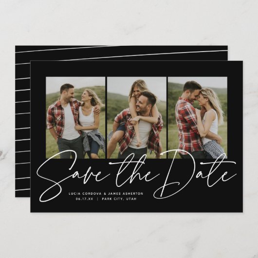 Save The Date Écriture moderne design trois photo noir et blanc (Devant / Derrière)