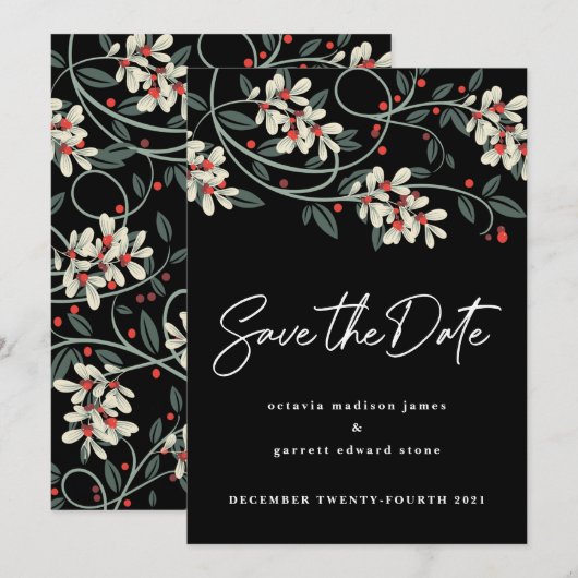 Save The Date Écriture Moderne Noire Fleurs Blanches d'Hiver (Devant / Derrière)