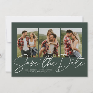 Save The Date Écriture moderne tendance trois photo vert chasseu
