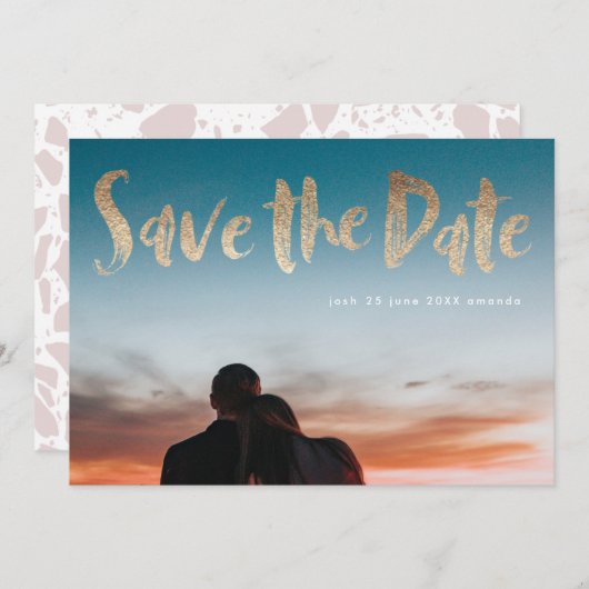 Save The Date Écrivez en Blanc Feuille d'Or Script Enregistrer l (Devant / Derrière)