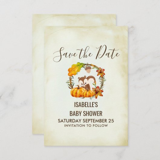 Save The Date Écureuil et Citrouille rustique Wreath STD (Devant / Derrière)