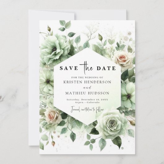Save The Date Editable Russe Romance Sage Green Mariage (Devant)