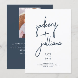 Save The Date Editable Style Photo Personnalisé Marine Bleu Blan