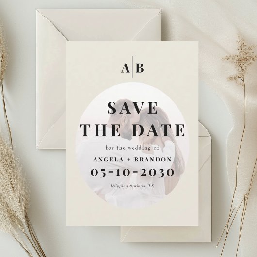 Save The Date Editorial Ivory Monogram Photo Wedding