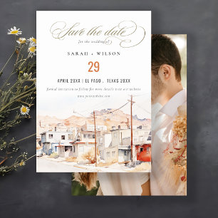 Save The Date El Paso Texas City Scape Watercolor Mariage Photo