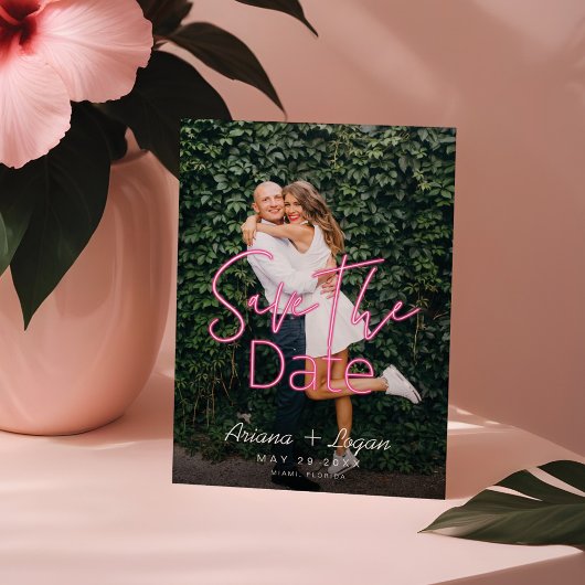 Save The Date Electric Love Neon Rose Heart & Photo Typographiqu