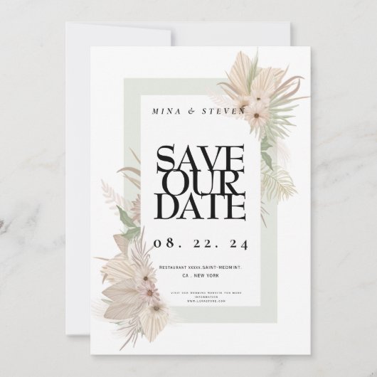 Save The Date Élégance bohème verdure florale mariage (Devant)