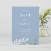 Save The Date Élégance de mariage feuille verte bleu poussiéreux (Debout devant)