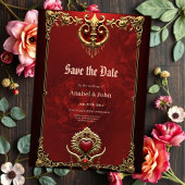 Save The Date Élégance en lustre rouge avec un coeur orné.
