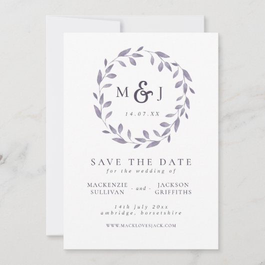 Save The Date Élégance feutrée Monogramme de couronne bleu et bl (Devant)