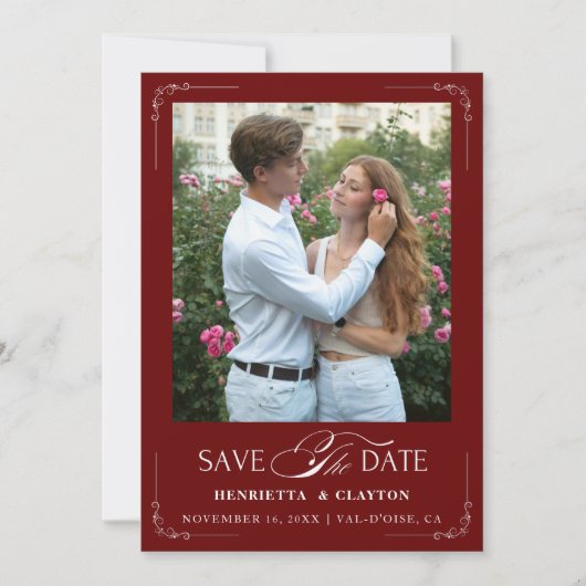 Save The Date Élégance Intemporelle Bordeaux et Blanc (Devant)
