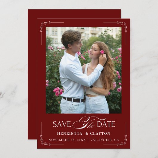 Save The Date Élégance Intemporelle Bordeaux et Blanc (Devant / Derrière)