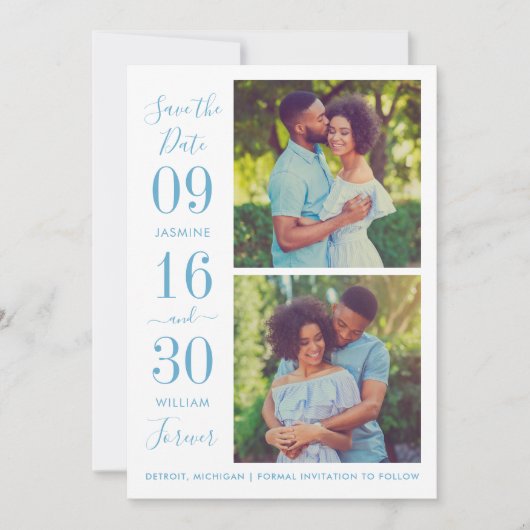 Save The Date Elégance moderne Dusty Blue Mariage photo (Devant)