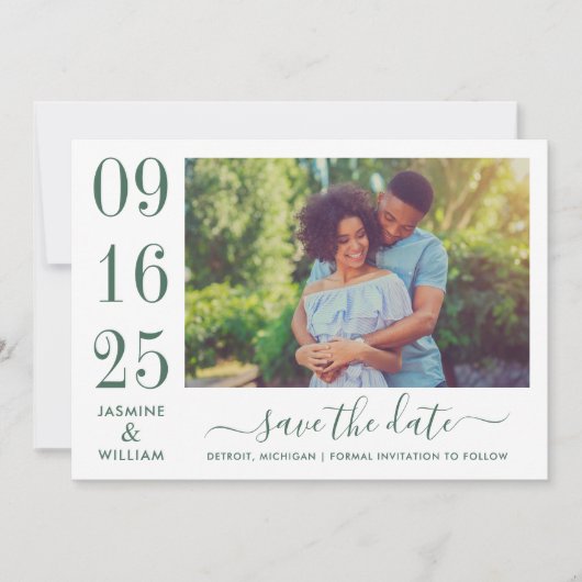 Save The Date Elegance moderne Emerald Green Mariage photo (Devant)