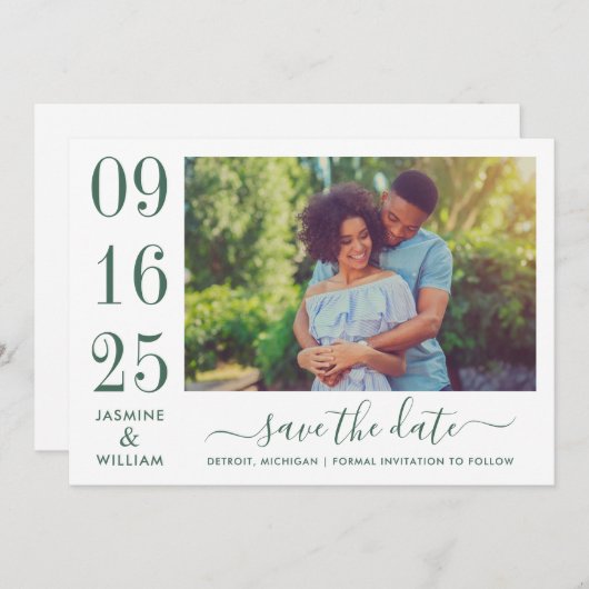 Save The Date Elegance moderne Emerald Green Mariage photo (Devant / Derrière)