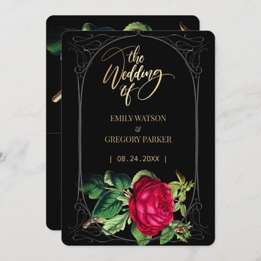 Save The Date Elégance noire et or pure, roses rouges (Devant / Derrière)