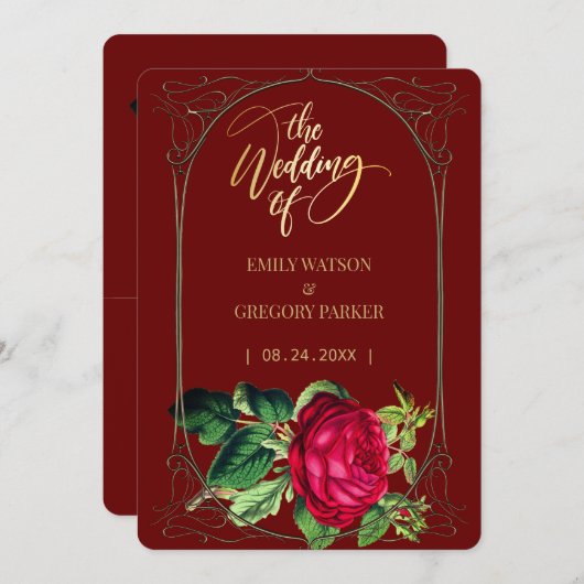 Save The Date Elégance rouge et or pur, roses rouges (Devant / Derrière)