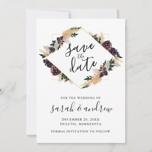 Save The Date Elégance rustique Pine Cône vert Enregistrer la da (Devant)