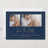 Save The Date Elégant 2 Photos Gold Marine Mariage bleu (Devant)
