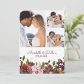 Save The Date Elégant 3 Photo Bourgogne Or Blush Rose Floral (Debout devant)