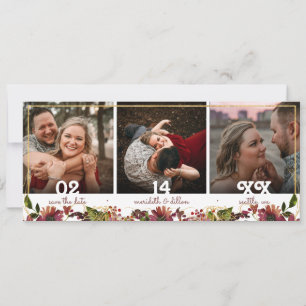 Save The Date Elégant 3 Photo Burgundy Gold Aquarelle Floral