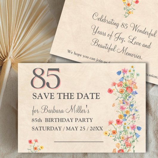 Save The Date Elegant 85th Birthday - Wildflower Design 85 Years