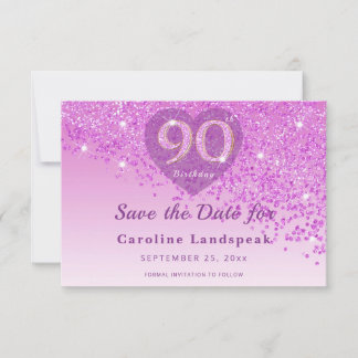Save The Date Elegant 90th Birthday Pink Glitter Frosted Heart