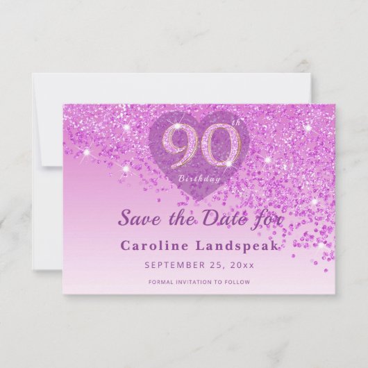 Save The Date Elegant 90th Birthday Pink Glitter Frosted Heart (Devant)