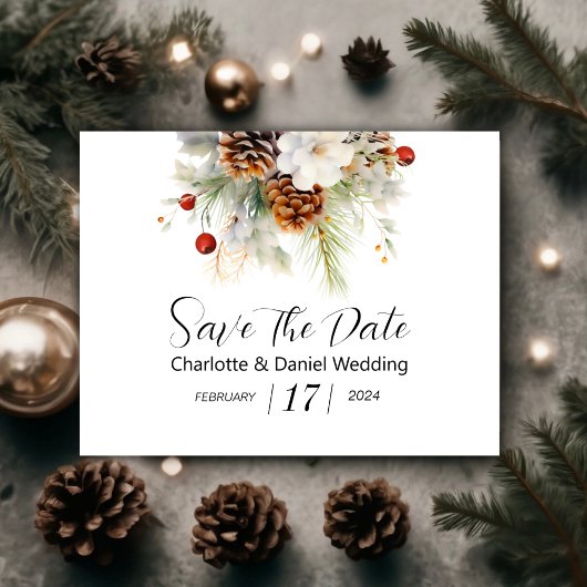 Save The Date Élégant À feuillage persistant d'hiver et Mariage