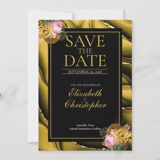 Save The Date Élégant Agate Gold Black Floral Mariage (Devant)