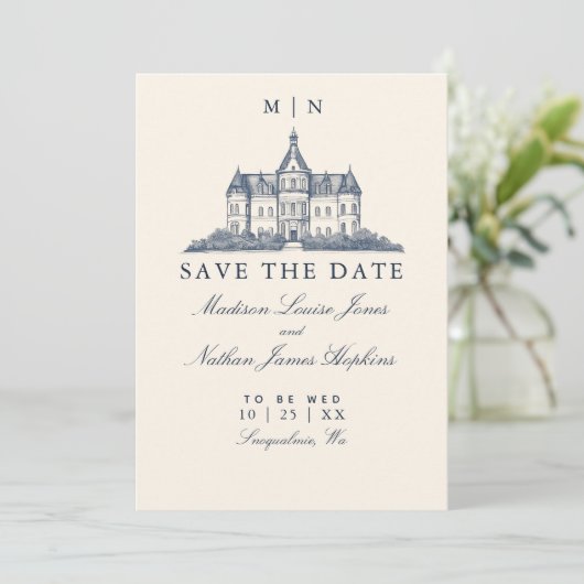 Save The Date Élégant Ancien Château Manor Mariage (Debout devant)