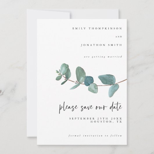 Save The Date Elégant Aquarelle Bleu Eucalyptus Mariage Script (Devant)
