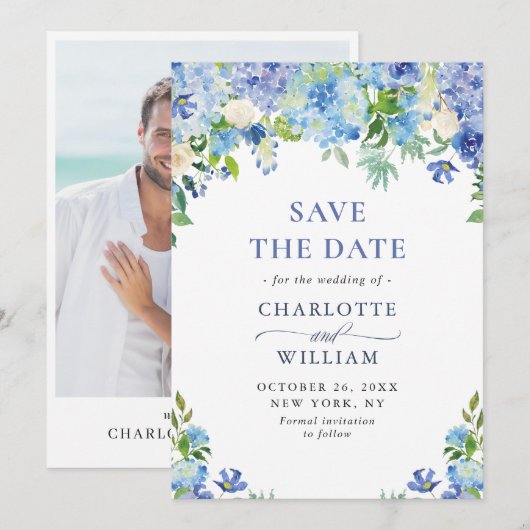 Save The Date Elégant aquarelle bleu Hydrangea Mariage PHOTO (Devant / Derrière)